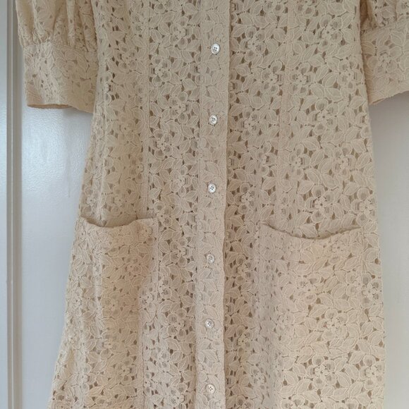 Veronica Beard Lace Mini Shirt Dress Sz 4 In Stone Khaki Button Down Puff Sleeve - Picture 5 of 10